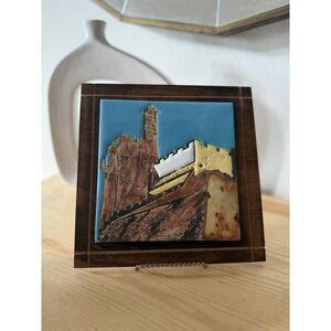 Vintage Israel CAESARIA GLAZED TILE Art Hand Painted with Wood Backed Frame 8x8
